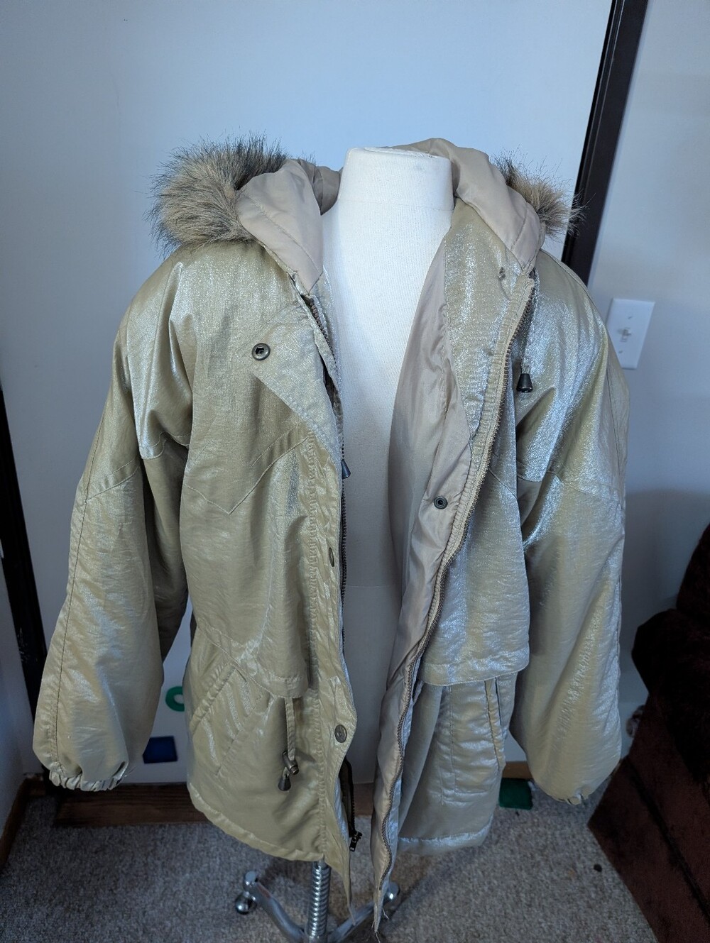 Metallic Gold Hooded Parka Jacket with Faux Fur Trim